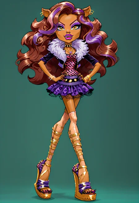 score_9, score_8_up, score_7_up, score_6_up,  , <lora:Clawdeen_-_Monster_High_PONY_XL:1>, clawdeen, yellow eye, purple eyeshadow, fangs, claws, animal ear, ear piercing, full lips, plumps lips, 1girl, solo, animal ears, makeup, eyeshadow, jewelry, long hair, dark skin, skirt, dark-skinned female, high heels, platform footwear, green background, purple hair, earrings, platform heels, yellow eyes, bracelet, hand on hip, simple background, fashion, full body, brown hair, lipstick, purple eyeshadow, very long hair, furry female, eyeliner, leopard print, looking at viewer, fur-trimmed jacket, jewelry, ear piercing, purple miniskirt, animal print shirt, makeup, thighhighs, eyeshadow, fangs, claws,
