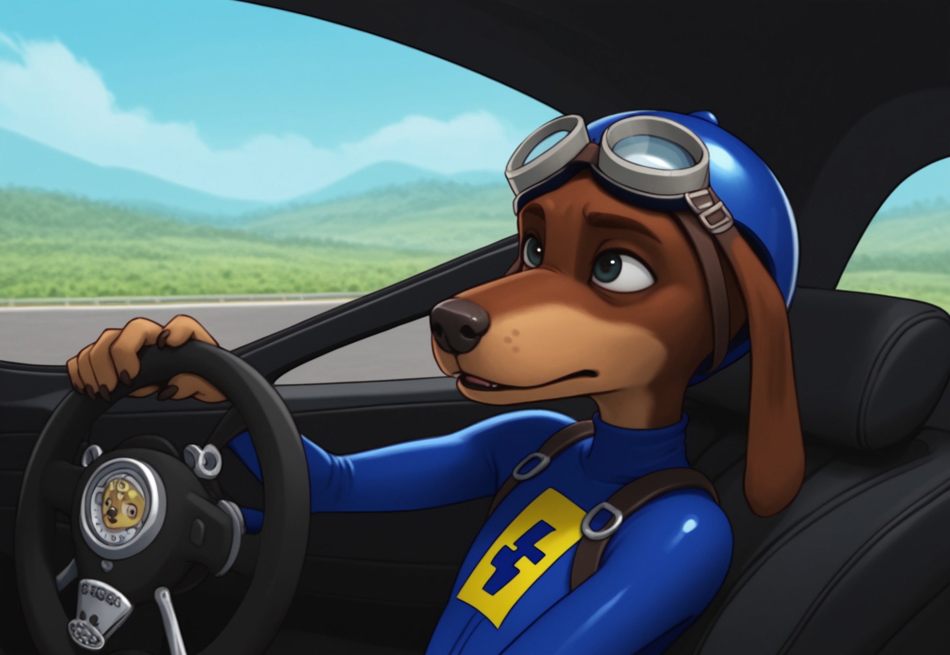 score_9, score_8_up, score_7_up, score_6_up, score_5_up, score_4_up, source_furry
anthro, ((1boy, solo)), brown fur, dog, long floppy ears, dachshund, strut, bodysuit, slim body, goggles, helmet
BREAK
detailed background, inside of a car, driving, dramatic scene, hands on steering wheel, 