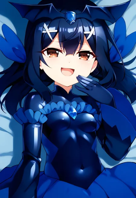score_9,score_8_up,score_7_up, score_6_up, uncensored, source_anime, 5_fingers, 1girl, solo, black badend-bodysuit, badend-tiara, blue frills, blue skirt, blue gem, latex bodysuit, zPDXL2, good_hands, by hiroyama_hirosh, miyue, 1girl, solo, long hair, black hair, twintails, sidelocks, hair ribbon, x hair ornament, hairclip, hair between eyes, bangs, hair ornament,brown eyes, small breasts, miyue, on back, mesugaki, mesugaki, smug, skin fang, hand to own mouth, pettanko, small breasts, shiny clothes, miyu edelfelt,