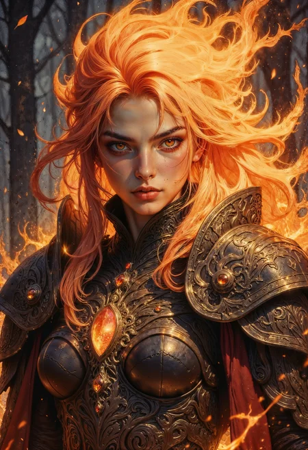 a female warrior with fiery elements. She stands in a forest setting, surrounded by trees with a dark, moody atmosphere. Her skin is pale, and her facial features are sharp and defined, with glowing orange eyes that match the flames. Her hair is a vibrant, flowing fire, adding dynamic movement to the scene. She wears intricately designed armor with ornate patterns, primarily in dark metallic tones, accented with gold. A prominent jewel is embedded in the chest piece, glowing with an inner light. The armor is detailed with elaborate engravings, and the overall color palette includes deep browns, golds, and fiery oranges. The background is blurred, focusing attention on the subject, with small embers floating around, enhancing the fiery theme. <lora:FluxMythG0thicL1nes:0.6> <lora:FluxMythR3alisticF:0.5> <lora:RetroAnimeFluxV1:0.6> <lora:OB半写实肖像画V2.0:0.6>