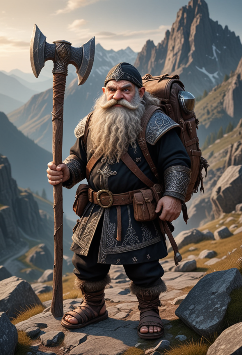 (medium full shot) of (brave mountain dwarf) wearing a black festive outfit, sturdy sandals, Coarse hazel beard, carrying a heavy backpack, wielding a battle axe, set in  a mountainous battlefield, with rocky terrain, steep slopes, strategic vantage points , at dawn, Masterpiece,best quality, photo, realistic, very aesthetic, detailed face,