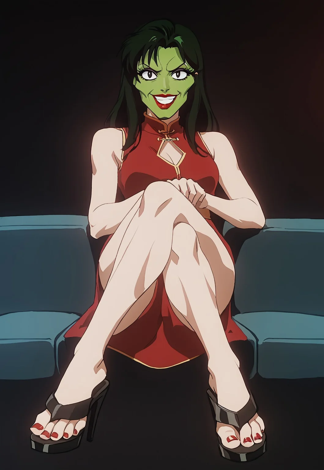 safe_pos, score_9, score_8_up, score_7_up, score_6_up, source_anime, anime screencap, anime coloring, long hair, dark green hair, lipstick, black eyes, makeup,
BREAK
(CimaGarahau|she mask, the mask, (green face|green rubber face), green mask, green skin),
big eyes:1.2, makeup, long eyelashes, high cheekbones:1.22, cleft chin:1.12, thick lips, red lipstick
BREAK
no eyebrows, no ears, crazy eyes, wicked grin, psychopath,
BREAK
chinese dress, sleeveless, slit dress, black high heeled sandals,
sitting, crossed legs, couch, seductive smile, looking at viewer,
BREAK
indoors, dark background, black background, dim lighting,
BREAK
Feet, toes, pedicure, red toenails.