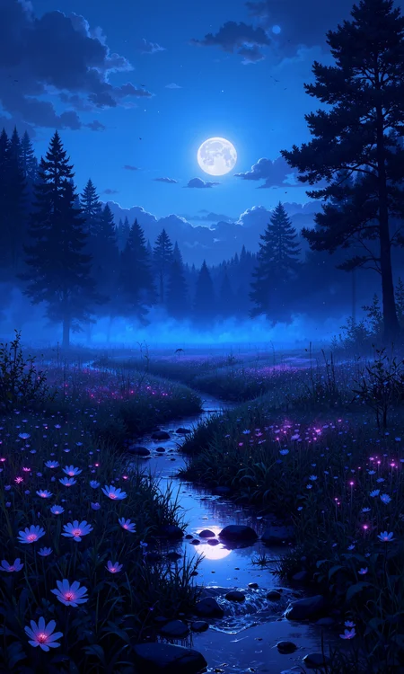Misty moonlit meadow, bioluminescent wildflowers glowing softly amidst tall grasses. Ethereal blue and purple hues dominate, punctuated by specks of twinkling fireflies. Silvery moonbeams filter through a light fog, casting long shadows. Delicate dew drops sparkle on petals and leaves. A gentle stream meanders through, its surface reflecting the celestial light. Silhouettes of ancient trees frame the scene. Nocturnal insects and small mammals peek from hiding spots. Wispy clouds drift across the starry sky. Intricate details in 8K resolution, photorealistic rendering, volumetric lighting, mystical atmosphere <lora:Organic Sauce - FLUX:0.3> <lora:FluxMythV2:0.3> <lora:MoriiMee_Gothic_Niji_Style_FLUX:0.9> <lora:style_of_Norman_Ackroyd_FLUX_100:0.3> <lora:flux_dev:1>
