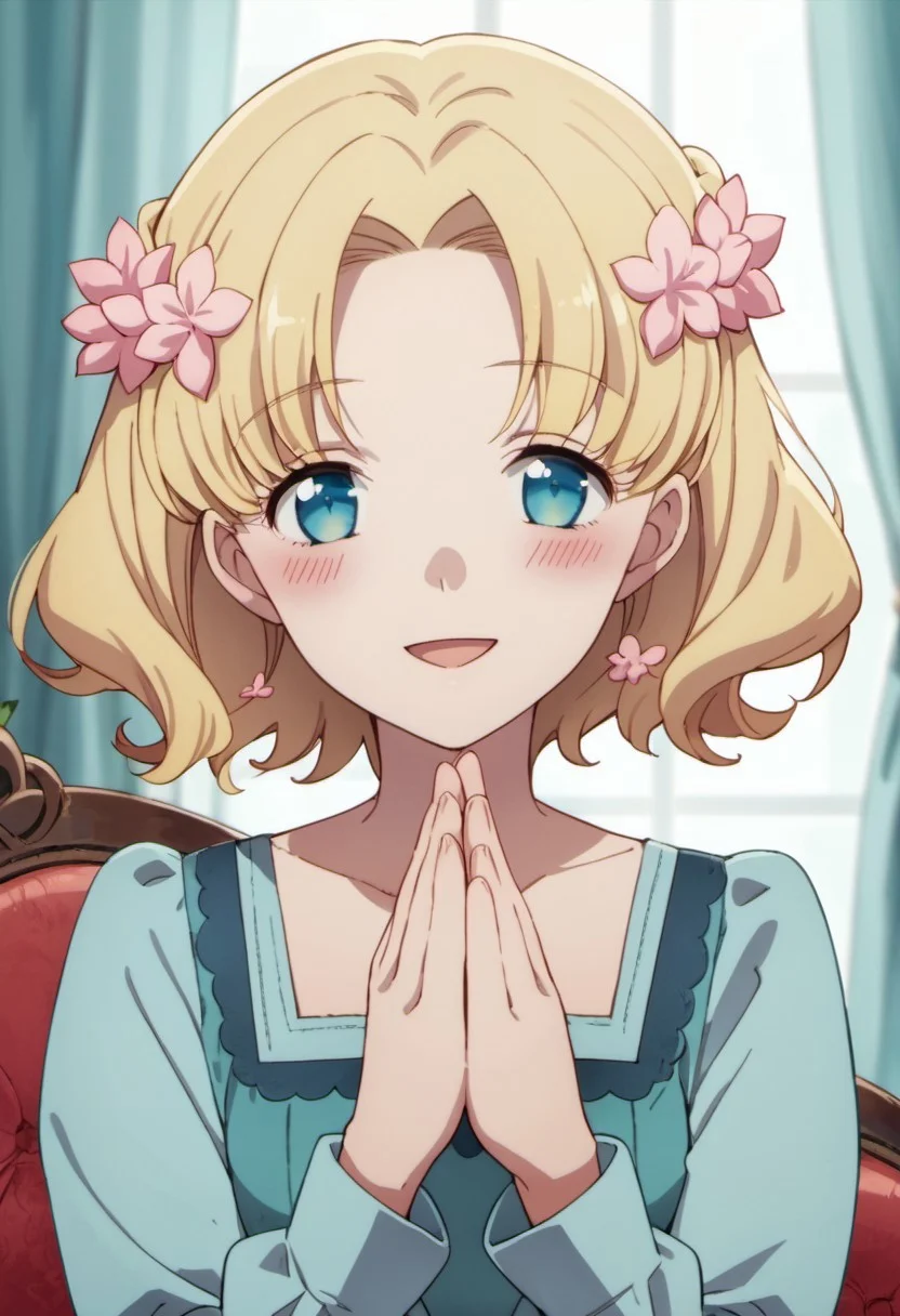 score_9, score_8_up, score_7_up, source_anime, maria campbell, blonde hair, short hair, blue eyes, 1girl, solo, blush, hair ornament, smile, hair flower, open mouth, flower, looking at viewer, own hands together, anime coloring, curtains