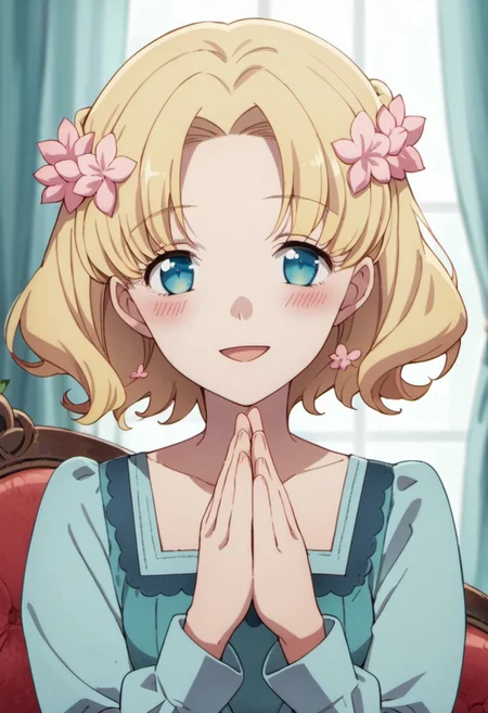 score_9, score_8_up, score_7_up, source_anime, maria campbell, blonde hair, short hair, blue eyes, 1girl, solo, blush, hair ornament, smile, hair flower, open mouth, flower, looking at viewer, own hands together, anime coloring, curtains