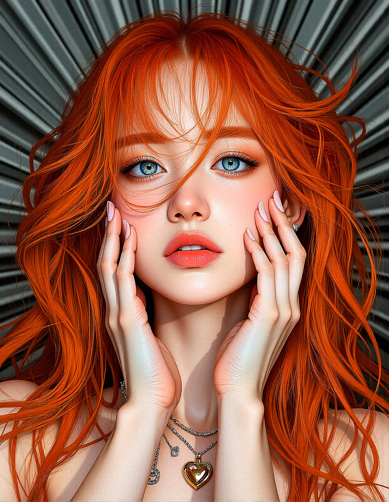 An upper body image of a beautiful young lady with curly orange hair, hair over one eye,  aqua eyes, and bold eyeliner. She has thick eyebrows and long eyelashes, long fingernails,  and her lips are shiny and full. She wears an amulet heart,  and a helix piercing. The extreme realism focuses on her detailed skin, showing fine textures and natural highlights.

The background is Lines radiating outward from a central point, creating a dynamic burst effect.

Her outfit are Fitted pencil skirt with a silk blouse

Subtle skin pores and natural texture on the face and neck, Realistic light reflections on the surface of the eyes, Slightly raised veins visible under the skin on the neck, Subtle veins visible on the eyelids under certain lighting, Realistic reflection of light on the glossy lips, following their curvature, Soft reflections on the necklace, enhancing its metallic look

Both hands gently cupping her face, with a soft, dreamy look







 









































