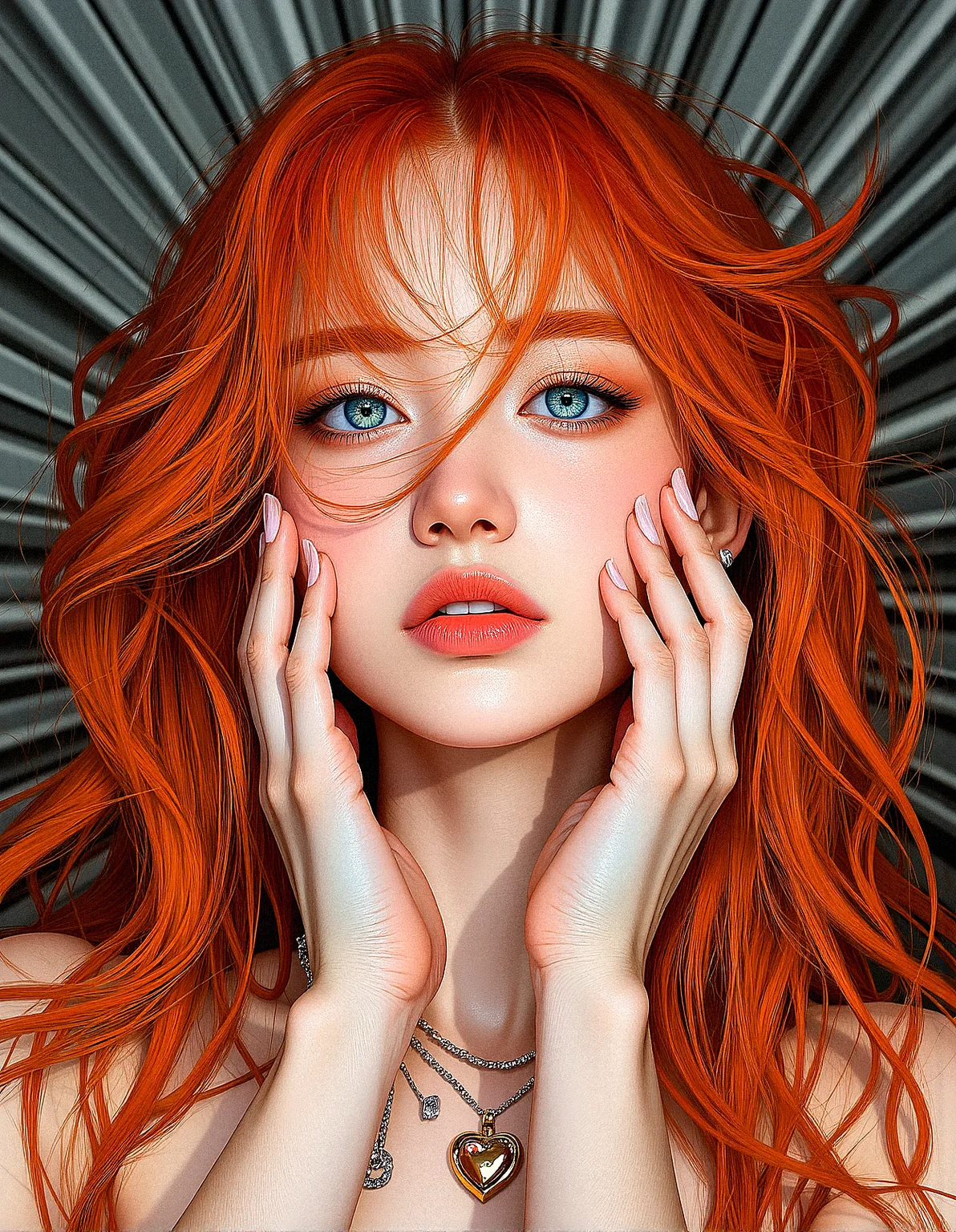 An upper body image of a beautiful young lady with curly orange hair, hair over one eye, aqua eyes, and bold eyeliner. She has thick eyebrows and long eyelashes, long fingernails, and her lips are shiny and full. She wears an amulet heart, and a helix piercing. The extreme realism focuses on her detailed skin, showing fine textures and natural highlights.
The background is Lines radiating outward from a central point, creating a dynamic burst effect.
Her outfit are Fitted pencil skirt with a silk blouse
Subtle skin pores and natural texture on the face and neck, Realistic light reflections on the surface of the eyes, Slightly raised veins visible under the skin on the neck, Subtle veins visible on the eyelids under certain lighting, Realistic reflection of light on the glossy lips, following their curvature, Soft reflections on the necklace, enhancing its metallic look
Both hands gently cupping her face, with a soft, dreamy look