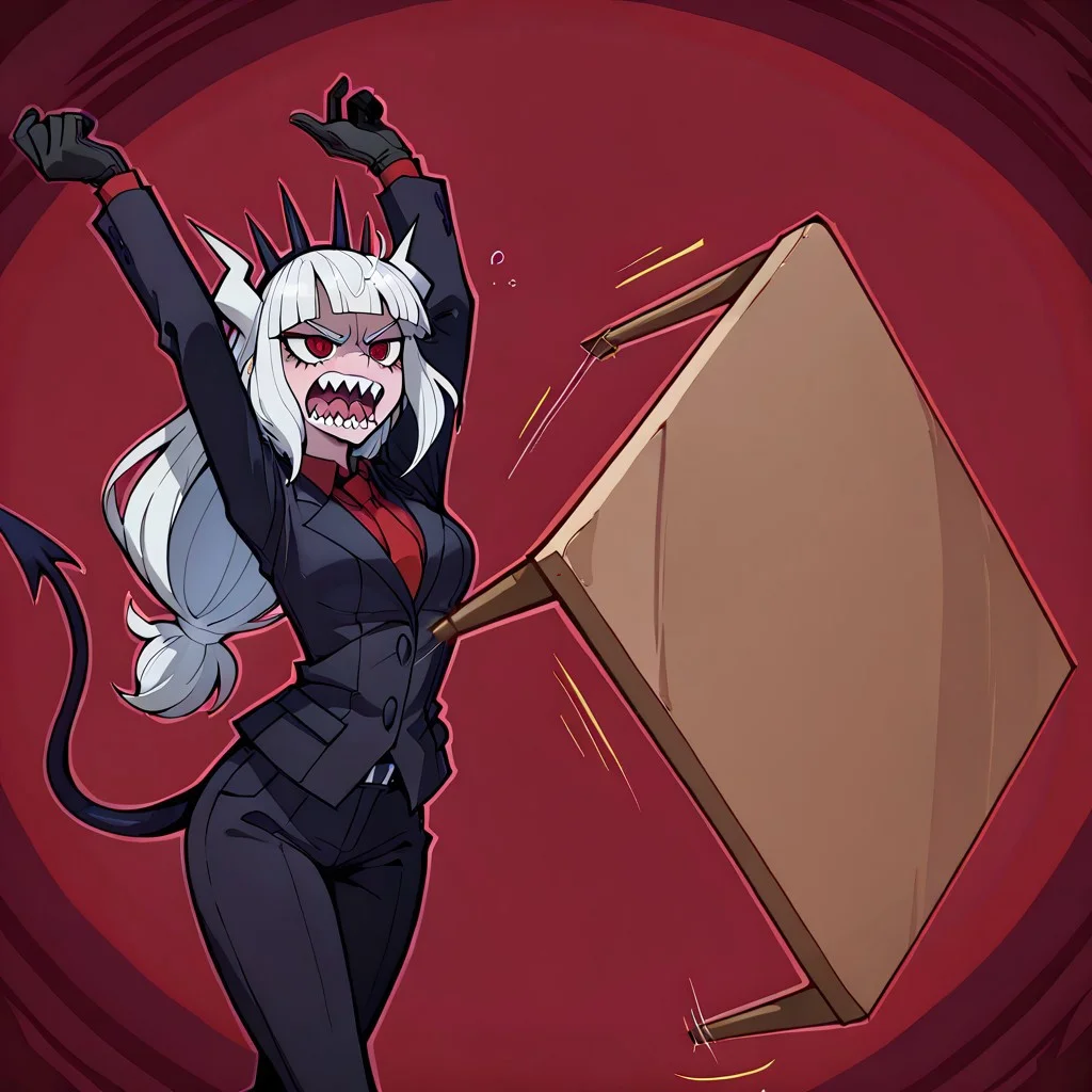 masterpiece, best quality, newest, absurdres, highres, anime, anime style, Table-Flip-IL.V1.0, table, table flip,
1girl, lucifer \(helltaker\), black suit, red necktie, black collared shirt, black gloves, blunt bangs, demon horns, demon girl, demon tail, sharp teeth, red eyes, white hair, long hair