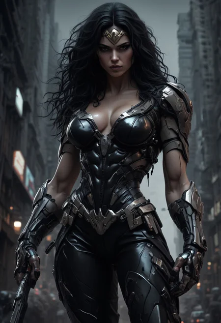 Low angle camera view, from Below looking up and at a distance, The horizon very low in the image, Photo realism, GothWW, Facing forward in a Dynamic combat pose, skin texture style, Very Muscular body type, Goth Wonder Woman, Photo Quality Goth Female Face, Goth Girl style, Diana Prince, Very Large Black Curly Hair, Perfect Hands, Very Pale skin, Huge Breasts with Low V Cut showing Cleavage and covered Nipples, Big curvy Hips, Thick Thighs and big round ass, very Muscular body type, Angry facial expression style, High details face with Goth style Makeup, High detailed Eyes, Full Body view, wearing Leather, Exosuit, Extremely Low V cut top, futuristic, Black with silver Trim Exosuit, Heavy Mech, Dutch Angle Pose, futuristic Perfect hand, Heavy Mech, Robot, Full body, Ready to strike, futuristic, (off-center composition, left aligned, Portrait), Detailed hand, battle-worn, Gothic Neon Cyberpunk Night City Cityscape Background, cinematic film still glamorous photo dark art by Rafael Zabaleta, expressionism art by Asger Jorn, vibrant, Abstract expressionism, experimental painting techniques, bold bright colors, dynamic compositions, Expressionism, emotive brushwork, brilliant tones, dramatic lighting, introspective themes. high fashion, luxurious, extravagant, stylish, sensual, opulent, elegant, stunning beauty, professional, high contrast, detailed. shallow depth of field, vignette, highly detailed, high budget, bokeh, cinemascope, moody, epic, gorgeous, film grain, grainy
