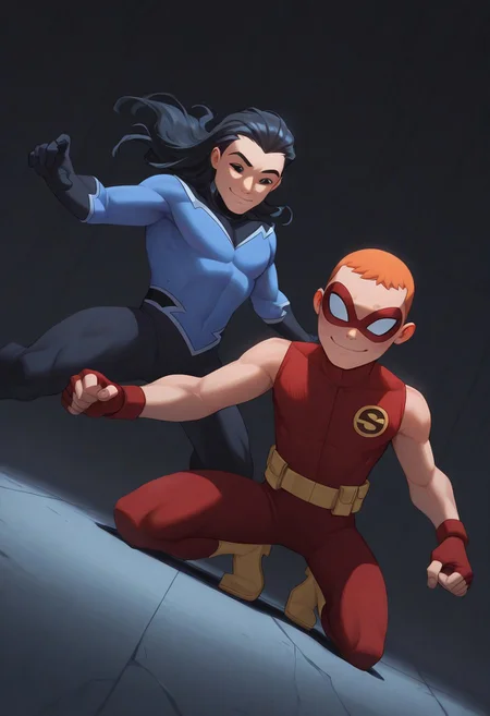 masterpiece, absurdres, high quality, perfect anatomy, 2boys, duo, side by side, male focus, cute boys, AqualadTT, black scelera, long sleeves ,
SpeedyTT, domino mask, red bodysuit, fingerless gloves, sleeveless
smile, cinematic, intricately detailed illustration, depth of field, masterpiece, best quality, amazing quality, very aesthetic, absurdres, newest, very awa,  shadow, dynamic angle, casual cosplay, dynamic pose,