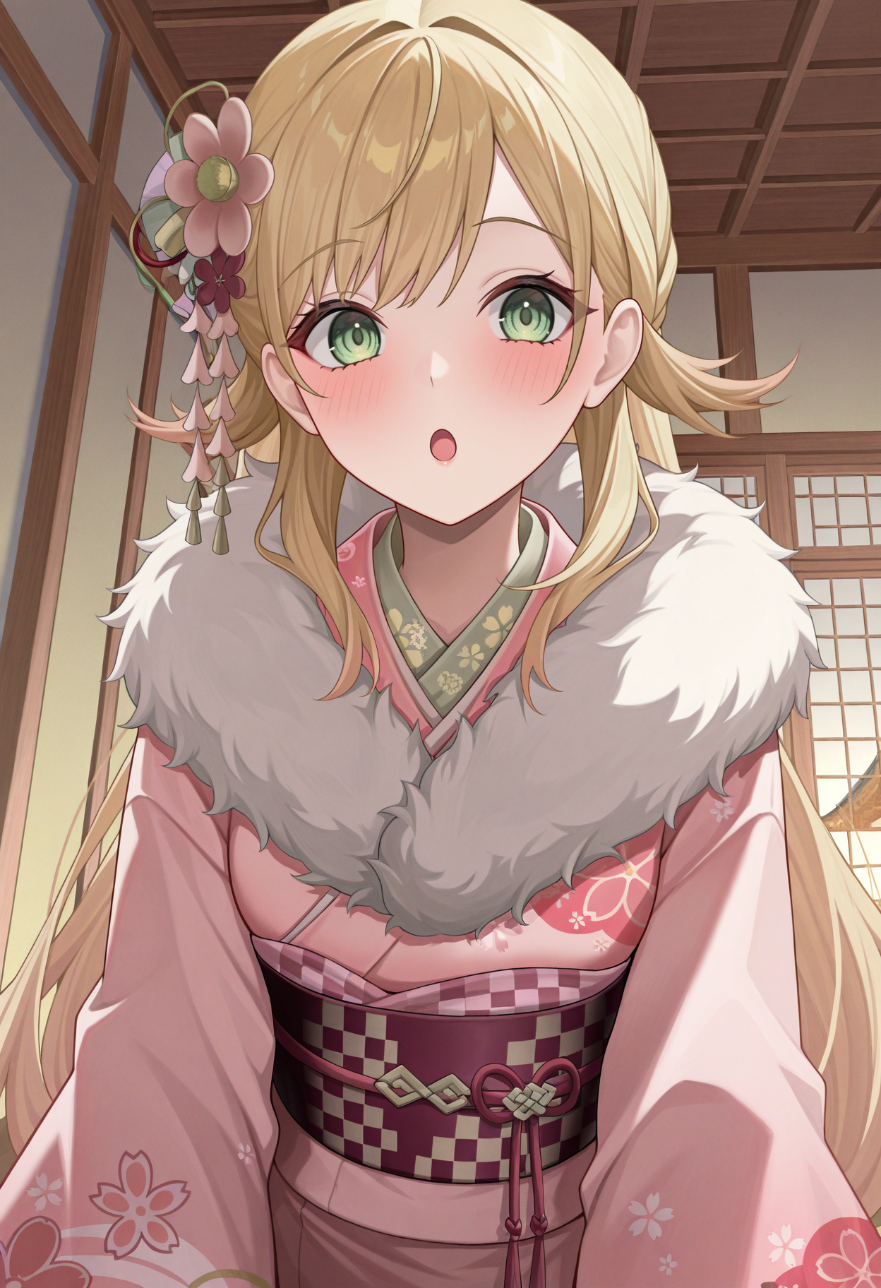 masterpiece, best quality, absurdres, highres, newest, 1girl, solo, <lora:sharena-fe-richy-v1_ixl:1> sharenany, green eyes, blonde hair, long hair, pink kimono, sash, fur trim, floral print, hair flower, open mouth, :o, blush, indoors, east asian architecture, looking at viewer,