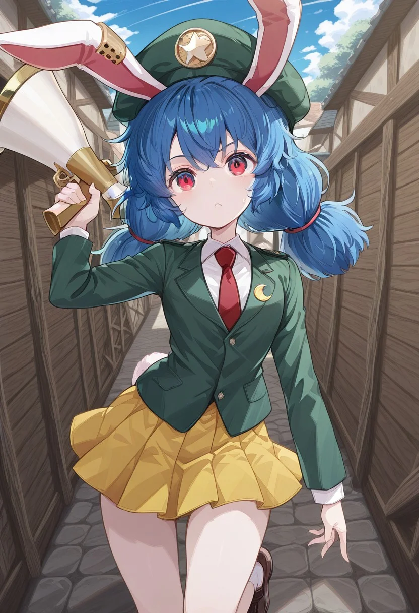 solo, 1girl, seiran, red eyes, blue hair, long hair, low twintails, rabbit ears, rabbit tail, seiran \(eagle ravi special forces\), alternate costume, earclip, green headwear, beret, crescent pin, green jacket, long sleeves, collared shirt, white shirt, red necktie, yellow skirt, pleated skirt, white socks, brown footwear, buttons, lunatic gun, holding gun,
masterpiece,