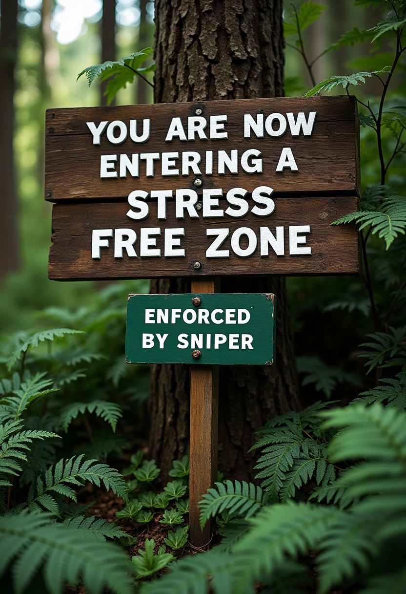 A humorous scene in a peaceful, forest-like setting with a rustic wooden sign surrounded by dense, overgrown greenery, including ferns and leaves. The large wooden sign features bold white text that reads, 'YOU ARE NOW ENTERING A STRESS FREE ZONE.' Below it, a much smaller green sign with white capitalized lettering humorously reads, 'ENFORCED BY SNIPER,' creating a comedic and ironic contrast to the relaxing message above. The smaller sign is subtle but noticeable, adding to the dark humor of the scene