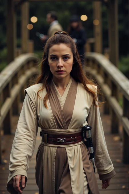 A hyper-realistic portrait, photorealistic photo close-up image of woman in jedioutfit is crossing a wooden bridge (photography, high-resolution, dynamic, energetic,hyper-realistic, dramatic lighting, shallow depth of field.)<lora:aidmaMJ6.1-FLUX-V0.1:0.6><lora:Movie_Portrait><lora:Flux DetailerV2><lora:JEDIOTFIT_FLUX>