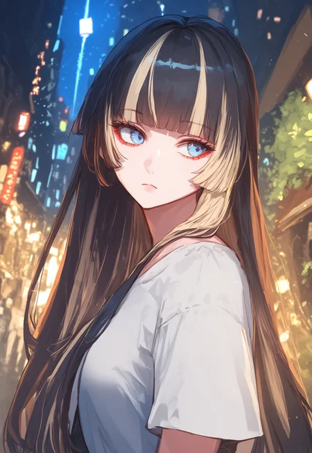 score_10 , score_9_up, score_8_up, score_7_up , score_6_up, vibrant colors, shiny_skin , prefect lighting, detailed image , masterpiece , best quality , highly detailed , cute, BREAK ,
(juufuutei raden, juufuutei raden \(1st costume\), 1girl, virtual youtuber, black hair, two-tone hair, black gloves, long hair, streaked hair, blunt bangs, blue eyes, white t-shirt, black shorts), outdoors, night, depth of field:1.6, atmospheric, black sky, city, tokyo, dark, standing, next to convenience store, BREAK expressionless, looking ahead, solo, close up, sharp eyes