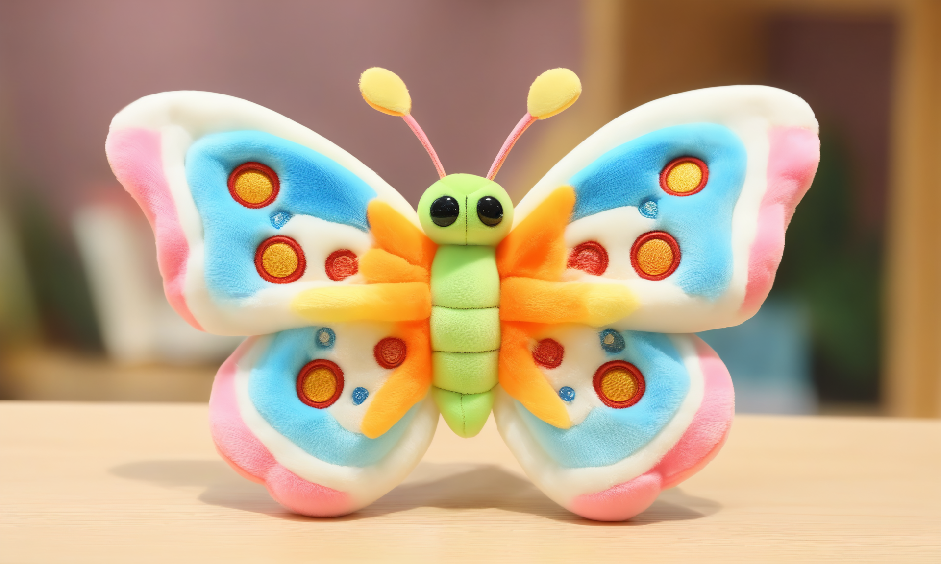 <lora:plushstuffedcd_xl-000006:0.8>,a (plushstuffedcd_xl,plush stuffed toy:1.2) butterfly,colorful theme,standing on a table,chinese zodiac,solo,in office,long-focus,tilt-shift,miniature,cute and lovely,still life,from front,looking at viewer,no humans, emotional,harmonious,high budget,moody,epic,gorgeous,perfect lighting,realistic,photorealistic,photographic,photo (medium),real,moody lighting,volumetric lighting,reality ray tracing,8K,HDR,UHD,masterpiece,best quality,highly detailed,high resolution,finely detail,extremely detailed,ultra detailed,wallpaper