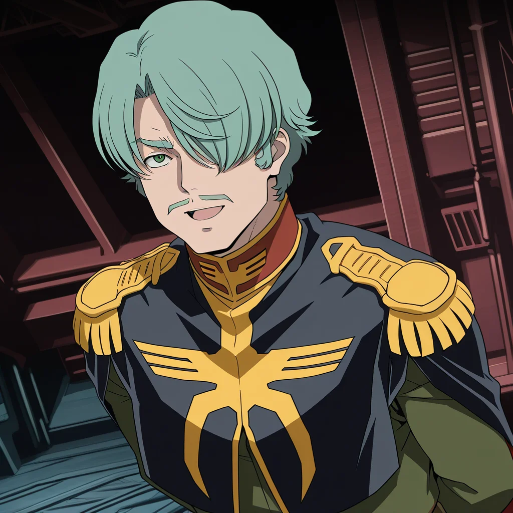 <lora:IL_GQ_Shallia_Bull:1>,GQ_bull,1boy,solo,0079_Shallia,hair over one eye,mustache,green hair,green eyes,0079_zeon_uni,zeon,cape,epaulettes,sci-fi,hangar,dutch angle,open smile,arms behind back,close-up of face,, masterpiece,best quality,amazing quality,uncensored