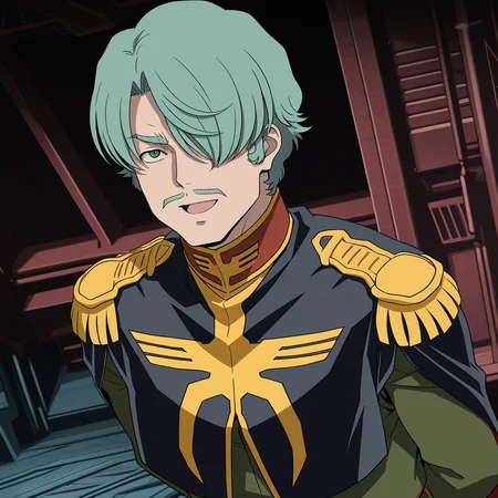 <lora:IL_GQ_Shallia_Bull:1>,GQ_bull,1boy,solo,0079_Shallia,hair over one eye,mustache,green hair,green eyes,0079_zeon_uni,zeon,cape,epaulettes,sci-fi,hangar,dutch angle,open smile,arms behind back,close-up of face,, masterpiece,best quality,amazing quality,uncensored