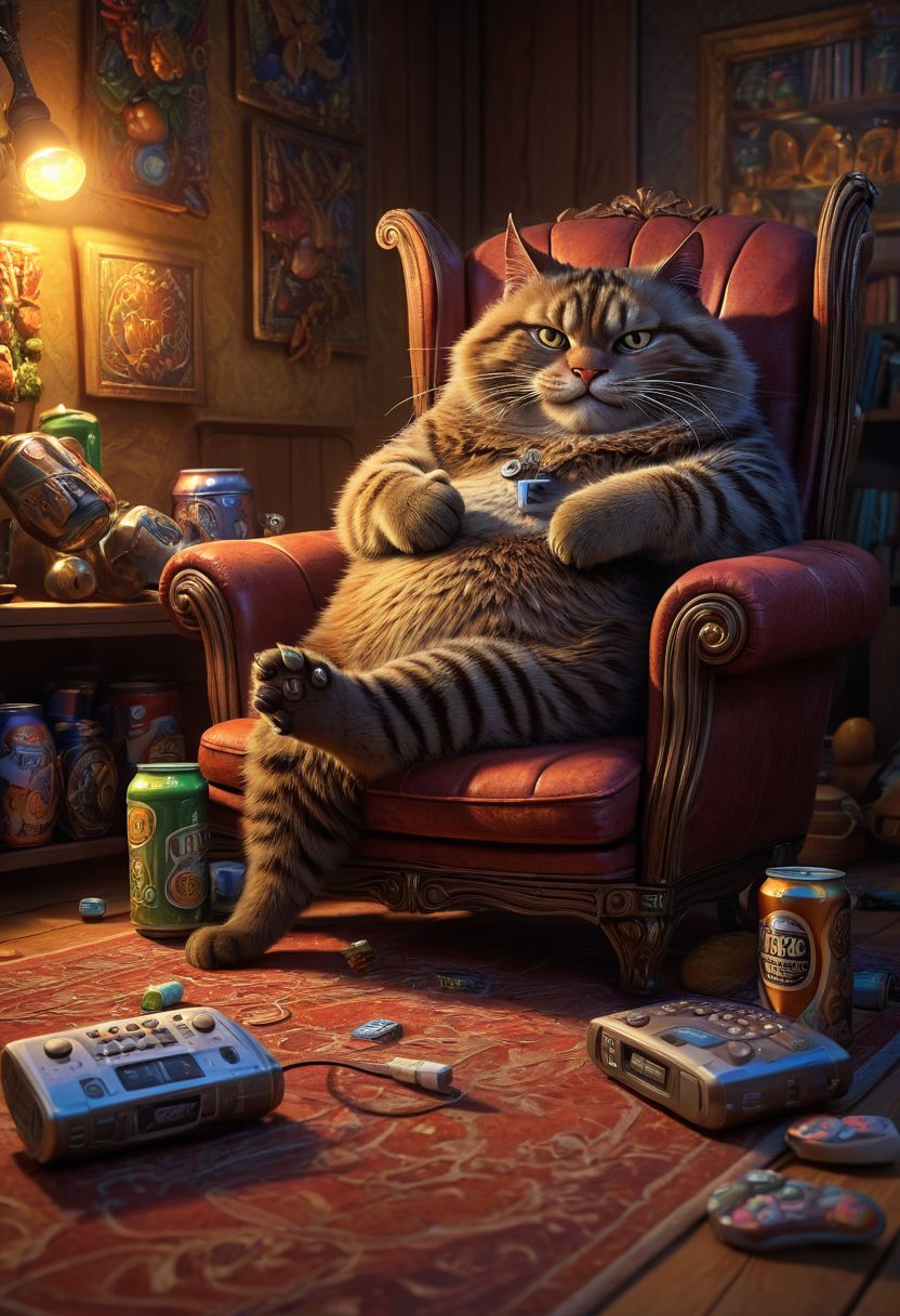 masterpiece, best quality, 32k, ((fantasy art by Boris Valejo)),((detailed background:1.4 )), ((sharp focus:1.4)), diffused soft lighting, skin indentation, highly detailed skin:1.2, (highly detailed:1.2) , ((room, chair. a cat with a big belly sits in a chair and watches TV, holds a TV remote control in his paw, beer cans on the floor)),  detailed textures, night lighting,