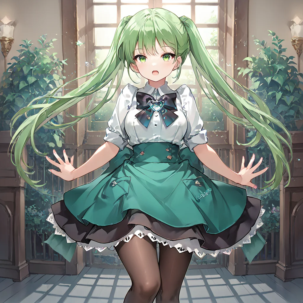 score_9, score_8_up, score_7_up, masterpiece, zPDXL2, 1girl, solo, source_anime, chikagi, green hair, twintails, green eyes, long hair, maid uniform, white shirt, pantyhose, green skirt, indoors, open mouth, good hands, looking at viewer, <lora:Hibiki_and_Chikagi_v2:0.7>