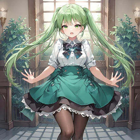 score_9, score_8_up, score_7_up, masterpiece, zPDXL2, 1girl, solo, source_anime, chikagi, green hair, twintails, green eyes, long hair, maid uniform, white shirt, pantyhose, green skirt, indoors, open mouth, good hands, looking at viewer, <lora:Hibiki_and_Chikagi_v2:0.7>