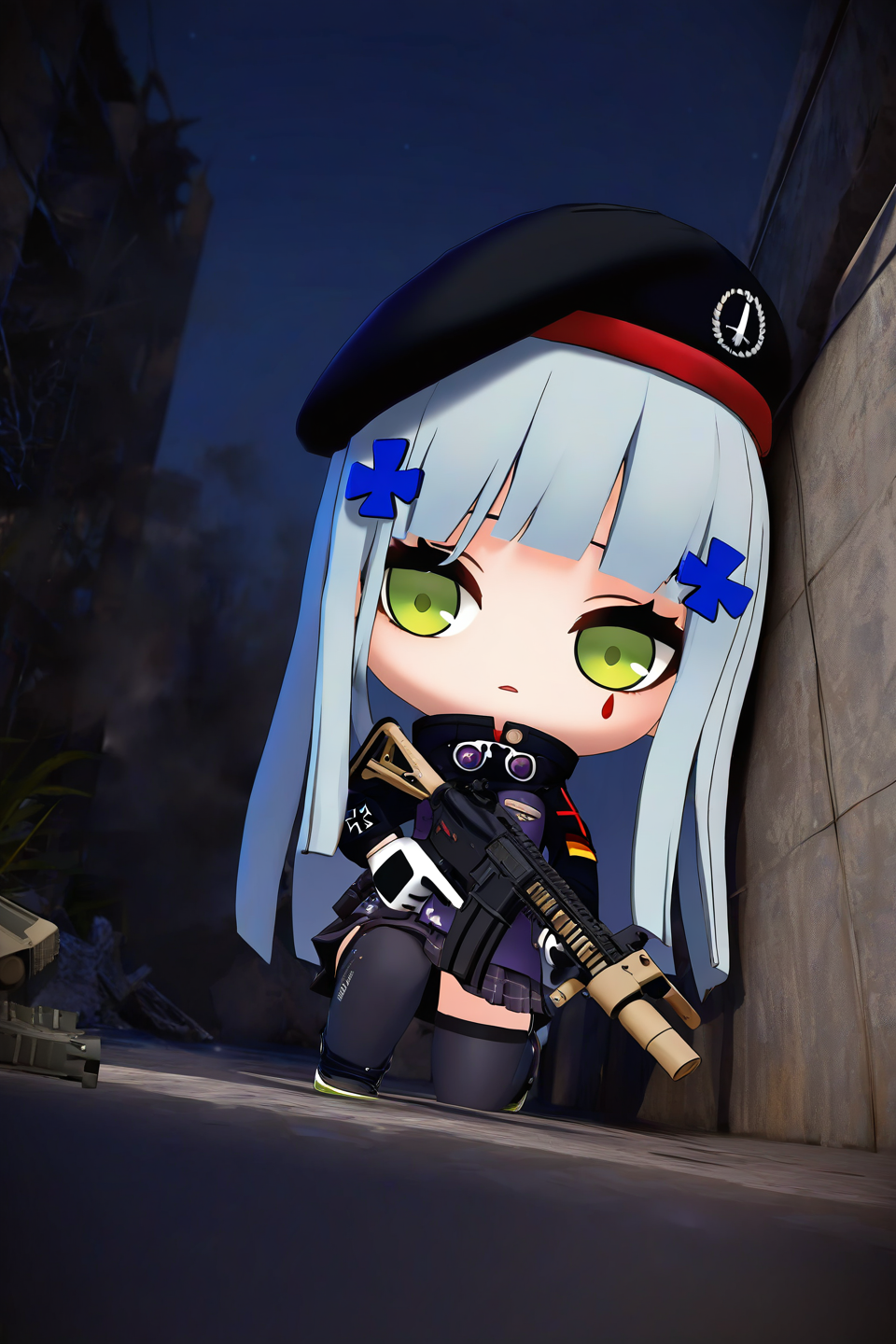 TFTstyle, chibi, 3D,((masterpiece, best quality, Good quality, very aesthetic, highres, absurdres, newest,))
1girl, hk416 \(girls' frontline\), girls' frontline, blue hair, green eyes, h&k_hk416, 
beret, military jacket, black jacket, plaid skirt, black skirt, black thighhighs, gloves, cross hair ornament, german flag, gun, assault rifle, holding, holding gun, on one knee, parted lips, head tilt, dirty, dirty face, 
wall, ruins, smoke, against wall, on back, closed mouth, from below, 
outdoors, building, looking to the side, night sky, solo, 
,<lora:TFTstyle:1>