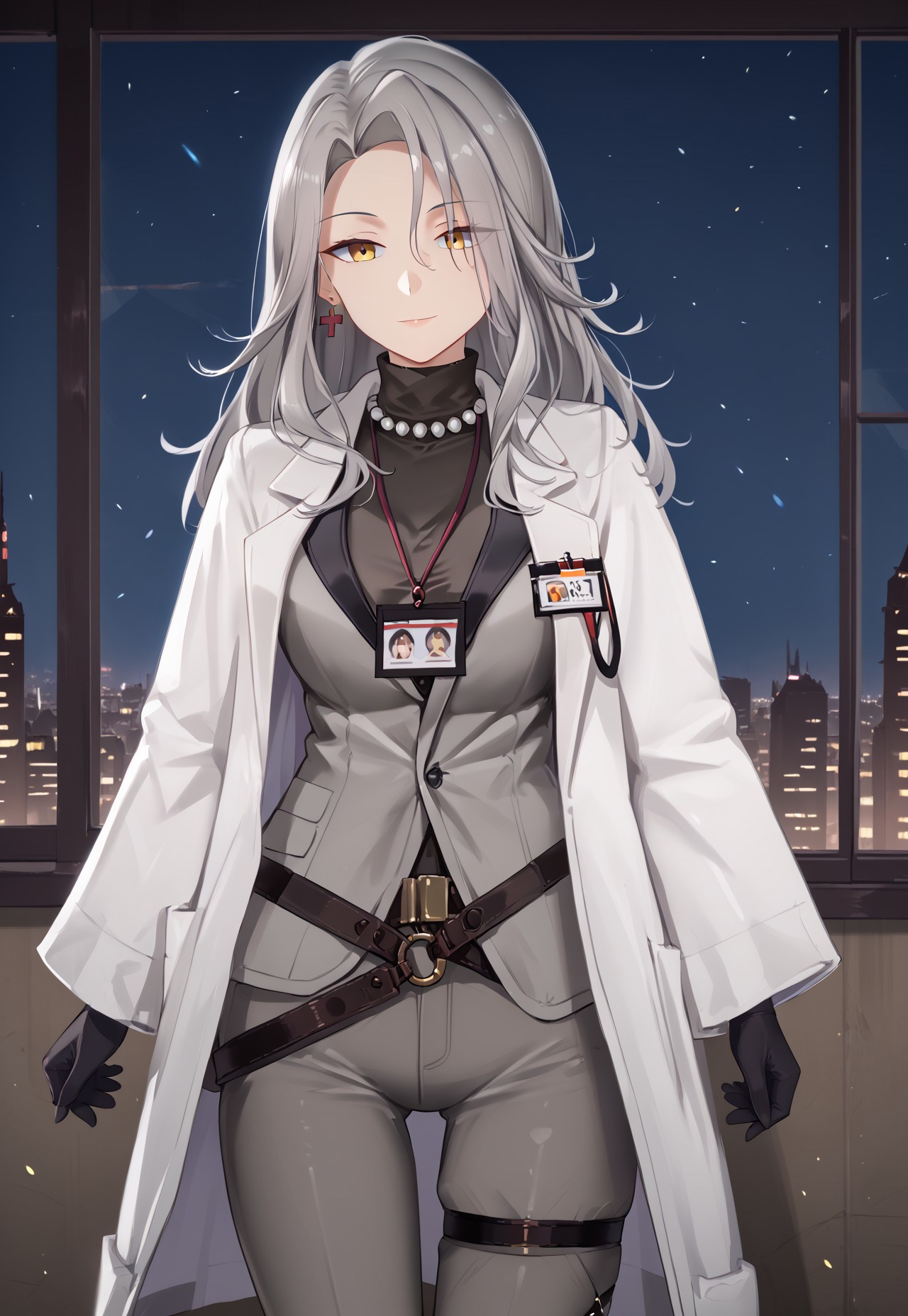 LadyGrey, long hair, labcoat, black gloves, grey hair, pearl necklace, white coat, grey pants, id card, yellow eyes, long sleeves, earrings, shirt, open coat, turtleneck, grey jacket, thigh strap, belt,

looking at viewer, hand up, closed mouth, light smile, half-closed eyes, head tilt, 
 
indoor, window, city, neon lights, dark, night, night sky, 

1girl, solo, solo focus, highres, absurdres, light particles, backlighting, shade, lens flare, shiny skin, fine fabric emphasis,