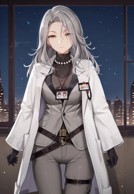 LadyGrey, long hair, labcoat, black gloves, grey hair, pearl necklace, white coat, grey pants, id card, yellow eyes, long sleeves, earrings, shirt, open coat, turtleneck, grey jacket, thigh strap, belt,
looking at viewer, hand up, closed mouth, light smile, half-closed eyes, head tilt,
indoor, window, city, neon lights, dark, night, night sky,
1girl, solo, solo focus, highres, absurdres, light particles, backlighting, shade, lens flare, shiny skin, fine fabric emphasis,