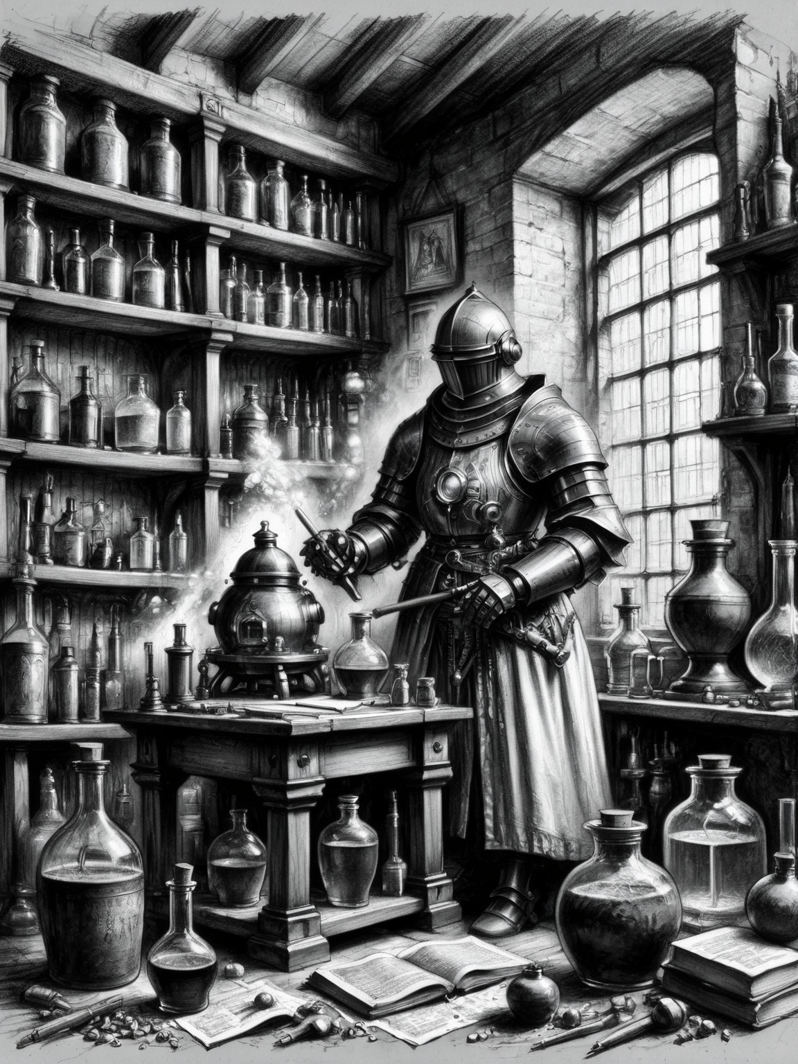 A black and white sketch of a medieval alchemist's study, but the alchemist is a robot, surrounded by ancient tomes and bubbling potions <lora:Renaissance_Drawing:0.7>,<lora:EnvyBetterHiresFixXL01:0:hr=1>