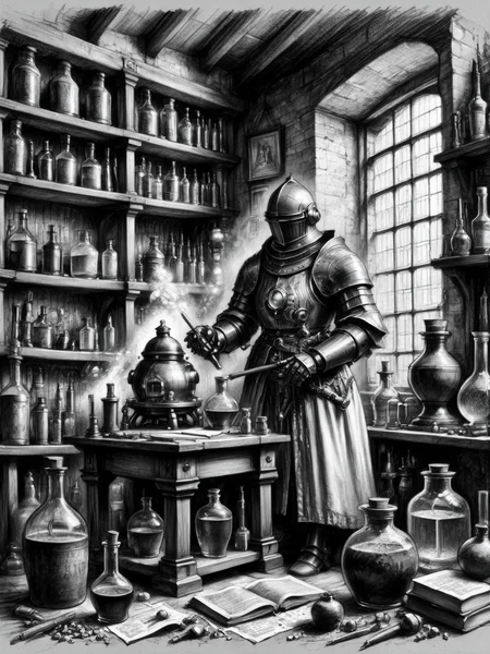 A black and white sketch of a medieval alchemist's study, but the alchemist is a robot, surrounded by ancient tomes and bubbling potions <lora:Renaissance_Drawing:0.7>,<lora:EnvyBetterHiresFixXL01:0:hr=1>