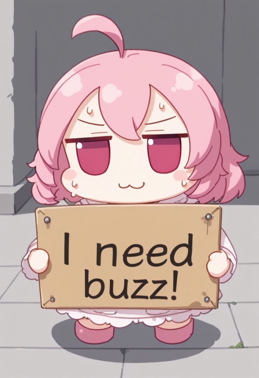 masterpiece,(best quality),highly detailed,ultra-detailed,
chibi, fumo, :3, need_buzz, holding sign, full body, close up, sweat, a lot of sweat