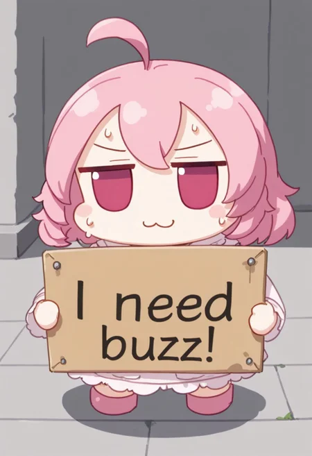 masterpiece,(best quality),highly detailed,ultra-detailed,
chibi, fumo, :3, need_buzz, holding sign, full body, close up, sweat, a lot of sweat