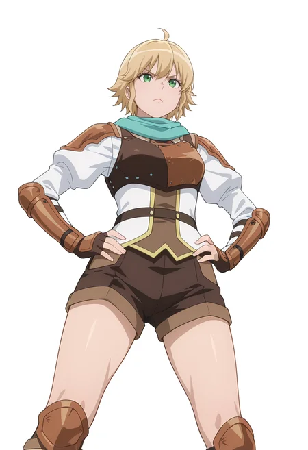 Smooth Quality,masterpiece,very intricate, high quality details, ultra realistic, high detailed skin,
simple background, white background,
from below,:>=,middle finger,standing, hands on hips, feet apart, determined, looking forward, ,
<lora:Rembrandt_Yunocnn:0.8> rembrandtyuno/cnn, blonde hair, solo, green eyes,1girl,aqua scarf,
armor, shorts,boots,