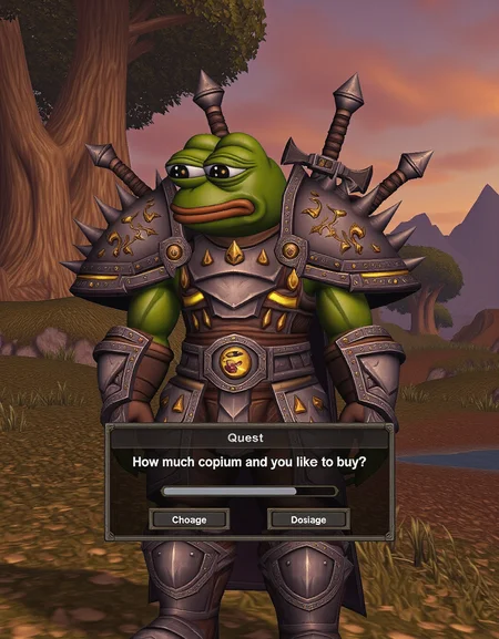 In the lush, mystical world of Azeroth, a Pepe the Frog character stands ready for battle, decked out in full warrior armor. His vibrant green skin contrasts with the bulky, intricately detailed plate armor, forged from dark iron and adorned with spikes and glowing runes. A massive, jagged-edged sword is strapped across his back, and a round, heavy shield, emblazoned with the symbol of the Horde, hangs from his arm. His wide, expressive eyes peer out from under a horned helmet, a mixture of determination and weariness in his gaze. Around him, the vibrant environment of World of Warcraft unfoldsâtall, ancient trees with twisted roots, a sky tinged with the colors of an eternal sunset, and distant mountains shrouded in mist. In the bottom corner of the screen, a quest box pops up, styled in the familiar Warcraft font, reading, "How much copium would you like to buy?" Below the text, a slider bar allows the player to choose their dosage, adding a humorous, meta twist to the scene. The entire image is a blend of the fantastical elements of Warcraft with the meme-like humor of Pepe, creating a surreal, immersive experience.