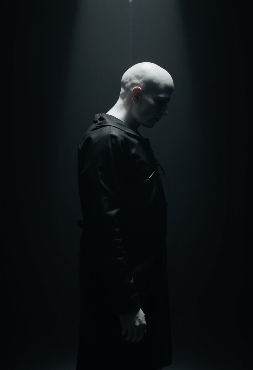 <lora:ck-dune-style_r1-000017:1>, ckdunestyle, ckmoviestyle, A white bald character standing in a dark room