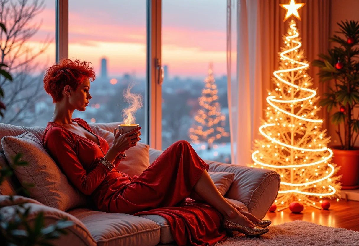 A striking woman with short, fiery-red hair lounges on a futuristic sofa in a Christmas living room filled with glowing, abstract holiday decorations. She wears a bold red dress with metallic gold accents, her legs crossed as she holds a steaming cup of cocoa. The Christmas tree is a series of interlocking light beams forming a spiraling cone, decorated with radiant orbs. Outside, the skyline is filled with streaks of falling snow under soft pink and orange skies. Chic, vibrant, and richly textured, blending sensuality and surrealism, christmas living room