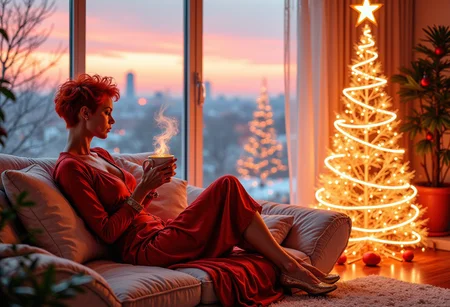 A striking woman with short, fiery-red hair lounges on a futuristic sofa in a Christmas living room filled with glowing, abstract holiday decorations. She wears a bold red dress with metallic gold accents, her legs crossed as she holds a steaming cup of cocoa. The Christmas tree is a series of interlocking light beams forming a spiraling cone, decorated with radiant orbs. Outside, the skyline is filled with streaks of falling snow under soft pink and orange skies. Chic, vibrant, and richly textured, blending sensuality and surrealism, christmas living room
