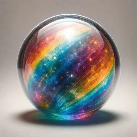 ral-czmcrnbw, a rainbow marble ball on a glass table,