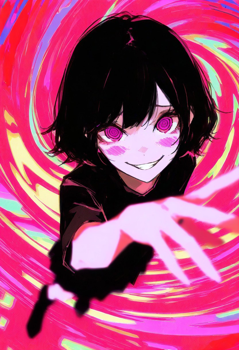 concept art, sketch, masterpiece, best quality, high quality, anime, solo, 1girl, tilted angle, dynamic angle, perspective, foreshortening, detailed eyes, looking at viewer, smug, grin, yandere, spiral background, spiral eyes, psychedelic, aberration shift, acid colors, glitching, reaching out, detailed hand, blurry foreground, full body, black outline, blush, #96YOTTEA