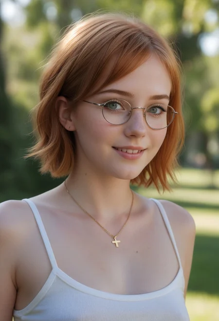 masterpiece, best quality, realistic, extremely detailed, (colorful), 
cinematic lighting, volumetric light, extremely detailed, subsurface scattering, remarkable color, ultra realistic, bokeh, sharp focus on subject,
beautiful detailed face, full body PORTRAIT, closeup, textured skin,remarkably detailed pupils, realistic dull skin noise, visible skin detail, skin fuzz, dry skin,
photograph of an extremely delicate and beautiful 18yo emo girl, golden ratio, short red blond hair, freckles, (moles:0.5, skin blemishes:0.7, blush), (natural detailed skin texture:1.3), solo, gold cross necklace, 
short wavy hair, smile looking at viewer, (looking at viewer, extremely detailed face, beautiful eyes, detailed eyes, symmetric eyes, open eyes, seductive eyes, big eyes, slim face:1.2), smirk, (eyeshadow, makeup:1.3),big round glasses, perfect white teeth, (white teeth), eye catching, 
BREAK,
slim waist, wearing a sleeveless white thin strap top, undersized top, tight top, (small breasts), perky breasts, (no bra, braless, pokies), erect nipples, dark areolas, 
jeans mini shorts, perfect round ass,  
BREAK, 
strolling through a park in spring, dynamic pose, view from the side, side view, profile view, outdoors,