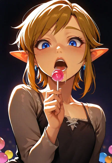 1femboy, a man is link, link, teeth, lips, thin lips, solo, looking at viewer, open mouth, holding lollipop, chupa chups, upper body, flat chest, drooling, from below, back lighting, dark, multicolored background, masterpiece, best quality, very aesthetic, slutty facial expression,