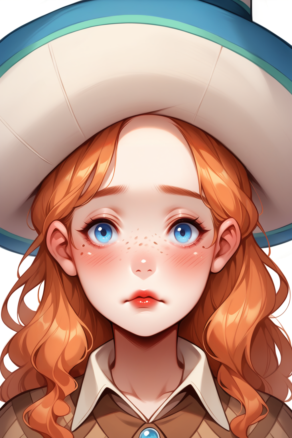 score_9, score_8_up, 1girl, solo, <lora:NSMeiPortia:1> NSMeiPortia, long hair, blue eyes, freckles, lipstick, orange hair, witch hat, collared, poncho, brown capelet, close-up, looking at the viewer, heavy blush, shy