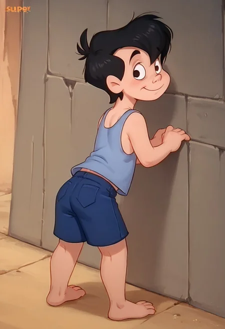 score_9, score_8_up, score_7_up, score_6_up, 1boy, solo, male, Neddiehugson, 1boy, solo,  black hair, short hair, black eyes, thin body, thin face, short stature, cute boy, big smile, shy, tank top, shorts, barefoot, from behind, looking back