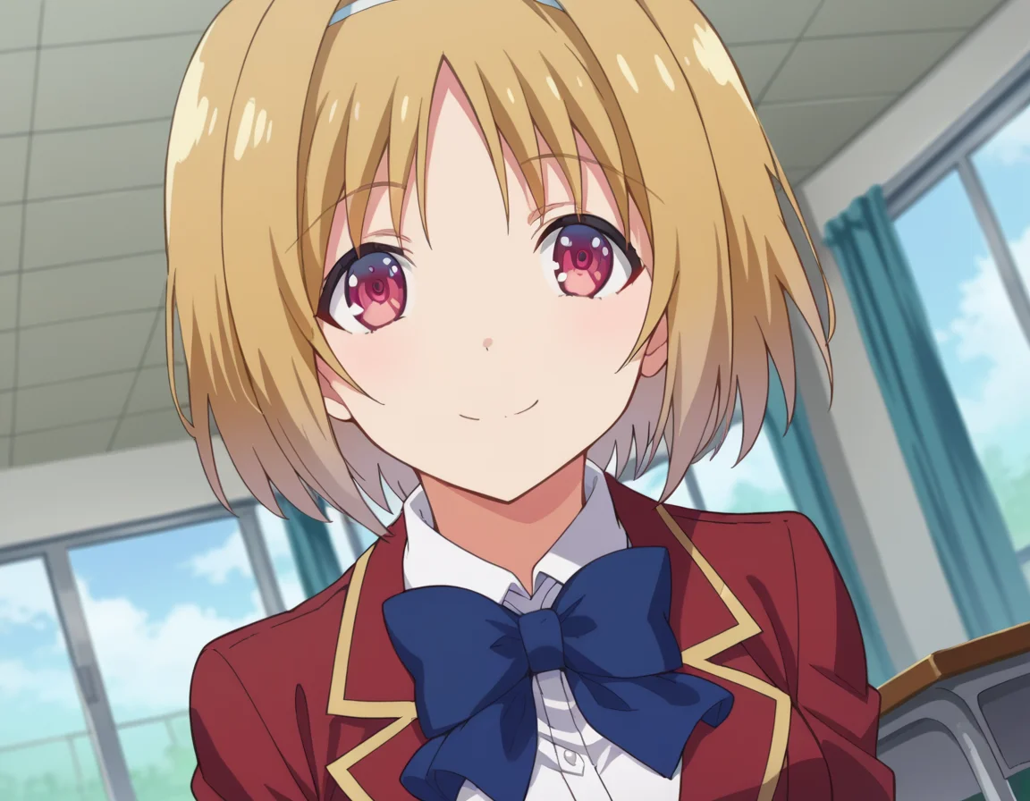 score_9, score_8_up, score_7_up, source_anime,
kikyoukushida, <lora:kikyou-kushida-s2-ponyxl-lora-nochekaiser:1>,
kikyou kushida, short hair, blonde hair, red eyes, hairband, hair intakes,
shirt, long sleeves, bow, school uniform, jacket, white shirt, bowtie, blue bow, blazer, red blazer,
indoors, classroom, smile, bent over,
looking at viewer, dutch angle, cowboy shot,