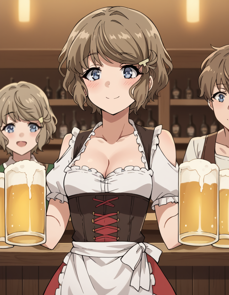 score_9, score_8_up, score_7_up, source_anime, <lora:tomoe-koga-s1-ponyxl-lora-nochekaiser:1>, tomoe koga, short hair, brown hair, blue eyes, hair clip,, <lora:dirndl-ponyxl-lora-nochekaiser:1>, dirndl, german clothes, beer mug, collarbone, cleavage, beer, underbust, waist apron,, indoors, bar, smile, blush,, , cowboy shot, dutch angle