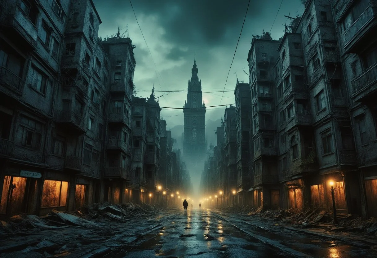 high quality, 8K Ultra HD, a metropolis where elements of nightmarish surrealism converge into a scary, gore, horror scene, Escher's influence is subtly incorporated, transforming the city into an intricate, mind-bending spectacle, Stark contrasts between light and dark enhance the dreamlike quality of the scene, creating an unsettling yet captivating urban horrific dreamscape, photorealistic, ultra realistic,aidmaimageupgrader,