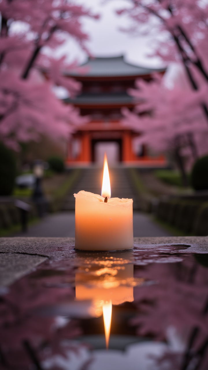 A candle flame, flickering softly, reflecting the serene image of a temple surrounded by cherry blossoms.   , aidmaHyperrealism