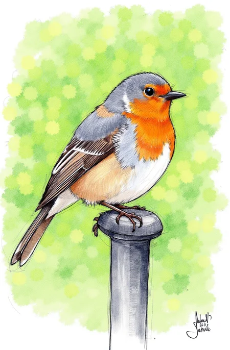 Sharp image of a rough sketch, rendered in vibrant multi colour ballpoint pen, capturing the adorable features of a portait of a small bird perched on a metal pole. The bird is facing towards the right side of the image and its head is turned slightly to the left. It has an orange breast and a grey back and wings. Its beak is black and it appears to be looking off into the distance. The background is blurred, but it seems to be a garden or wooded area with green foliage. p3nsk, <lora:p3nsk:1>