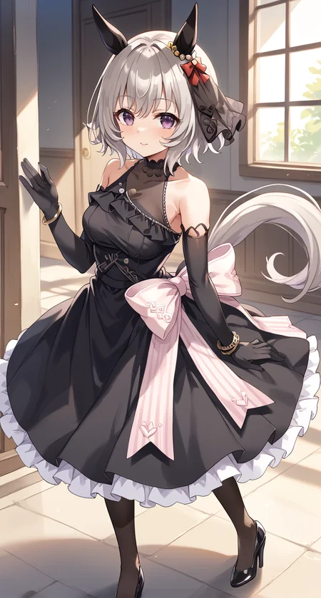 score_9,score_8_up,score_7_up,
official art,official style,game cg,megami magazine,
uncensored,
1girl,
crc wedding,curren chan (umamusume),
animal ears,blush,dress,elbow gloves,gloves,grey hair,hair ornament,
horse ears,horse tail,ribbon,short hair,tail,wedding dress,black dress,black gloves,
bow,ear covers,ear ornament,horse girl,official alternate costume,
purple eyes,detached sleeves,bare shoulders,black footwear,dress bow,
frilled dress,frills,high heels,see-through,see-through cleavage,see-through dress,
sleeveless,sleeveless dress,black choker,bracelet,choker,bangs,violet eyes,long dress,
standing,
<lora:umamusume_curren_chan_pony_v1:1>,