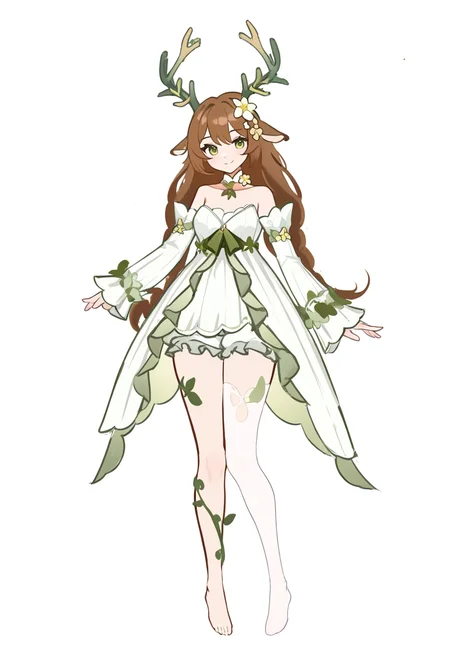 c3styl333, year 2024, masterpiece, best quality, newest, absurdres, highres, full body, white background, 1girl, frills, barefoot, brown hair, long hair, hair ornament, flowers, looking at viewer, smile, lace, dress, short dress, deer ears, antlers, white header, low-braided long hair, asymmetrical legwear, white thighhighs, green leaves, vines on leg, bloomers, frilled shorts, strapless dress, collarbones, neckwear, bow, detached sleeves, sleeves past wrists, long sleeves